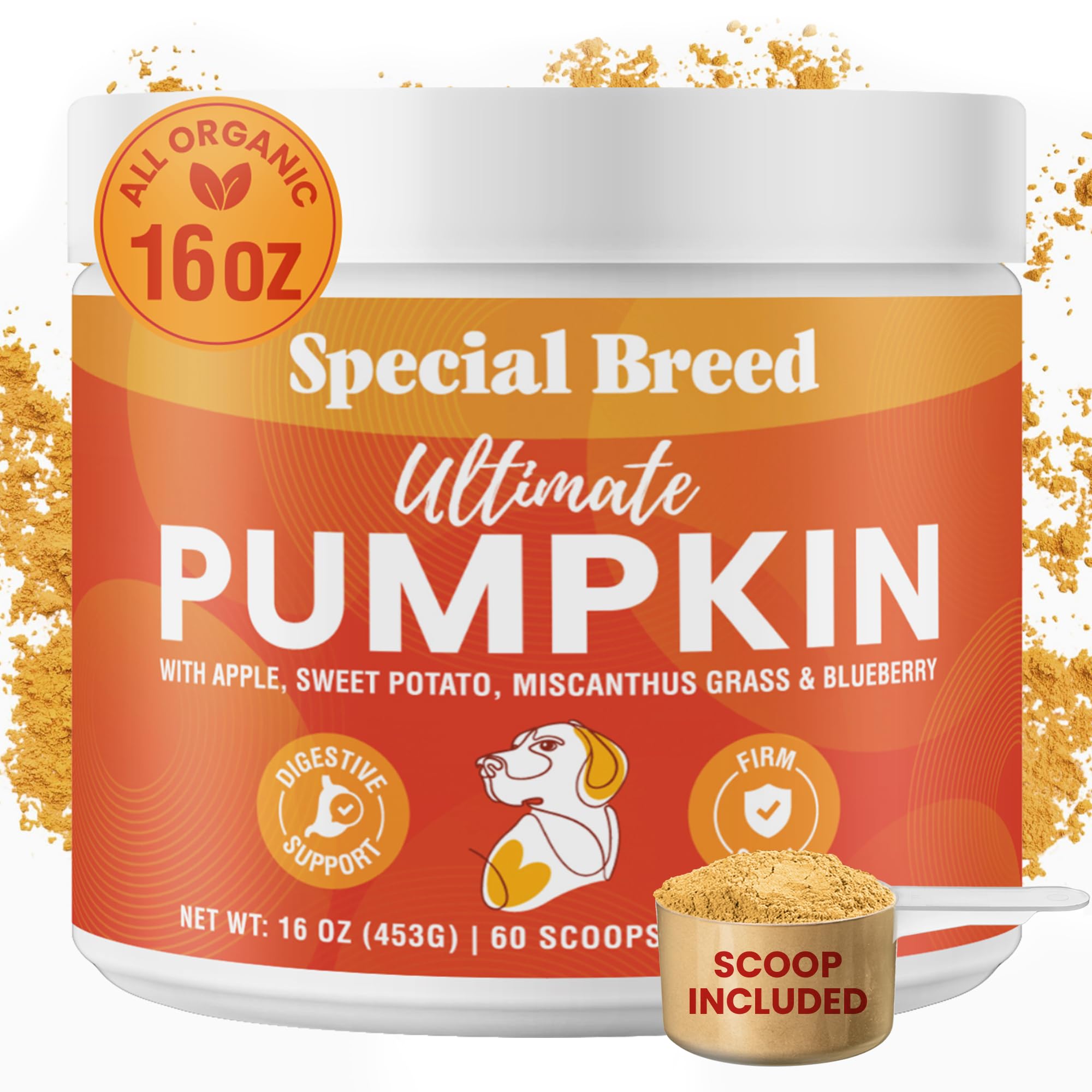 Special Breed Citrouille Ultime versé sur la nourriture, soutien digestif naturel pour chiens.