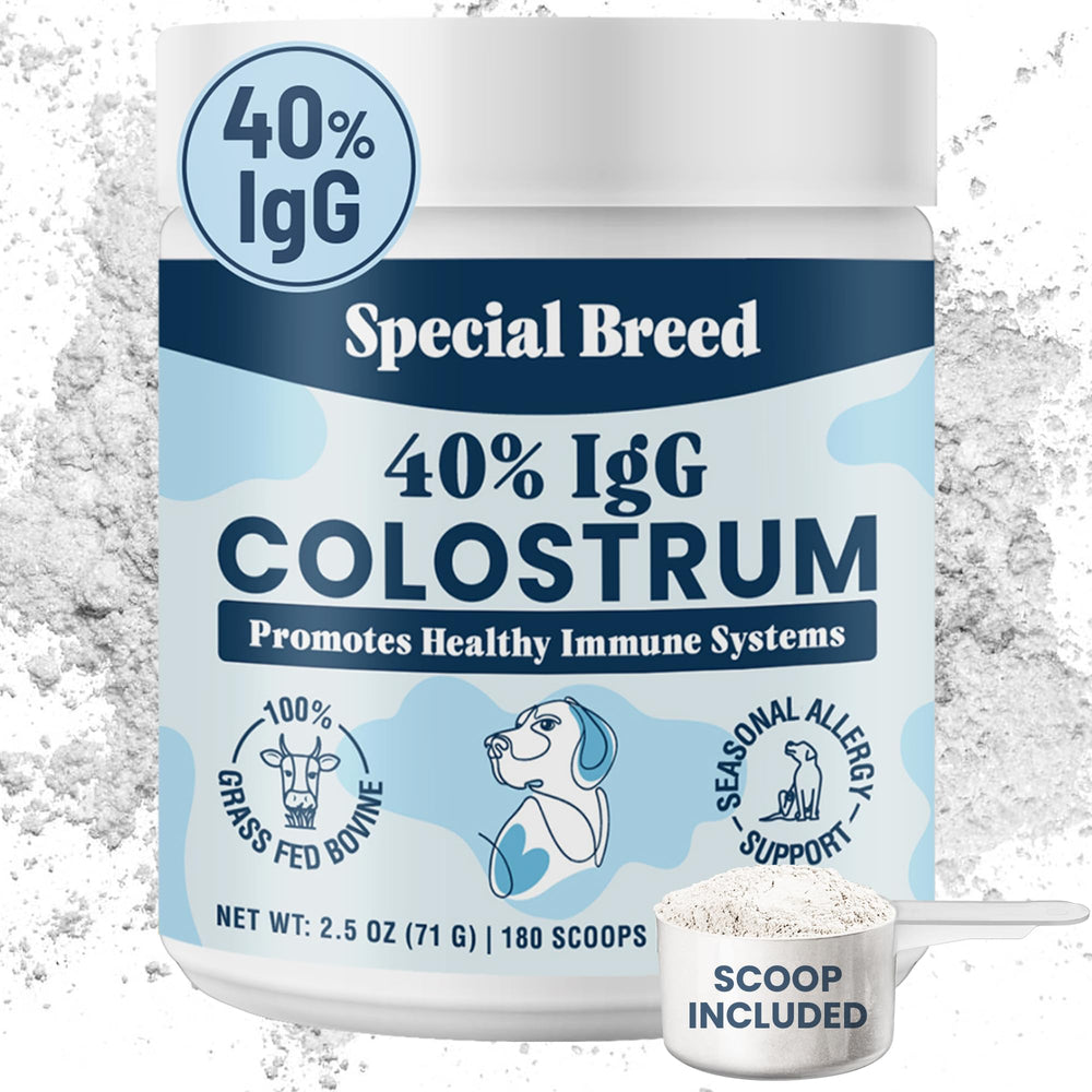 Special Breed Colostrum chien – bouteille, soutien immunitaire potentiel pour chiens actifs.