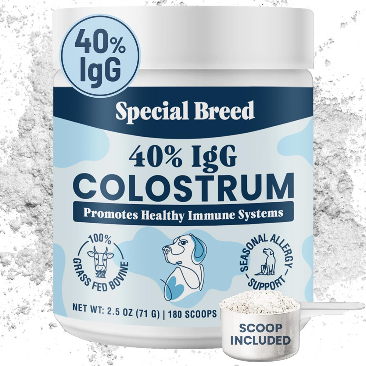 Special Breed Colostrum chien – bouteille, soutien immunitaire potentiel pour chiens actifs.