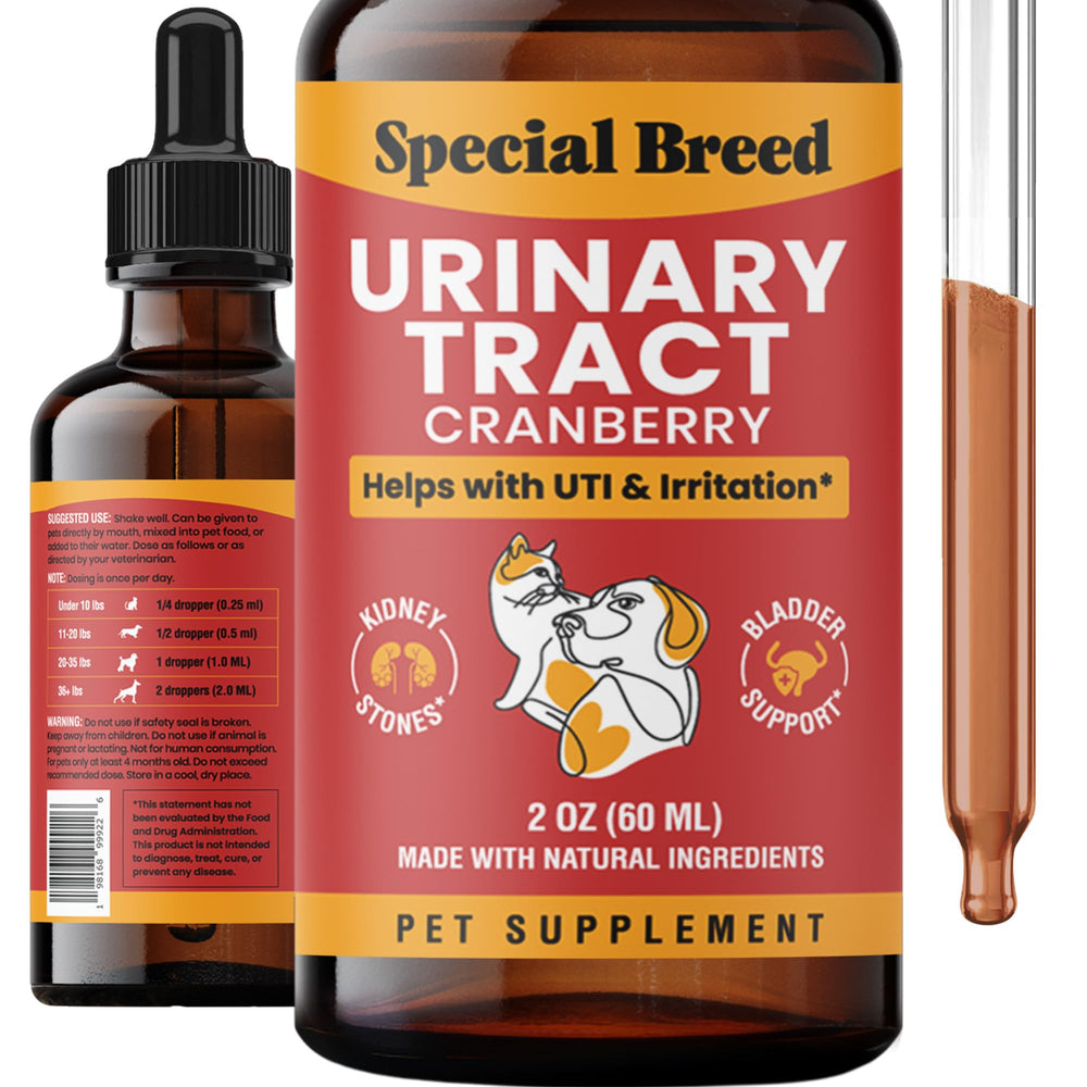 Special Breed gouttes cranberry – flacon pratique pour le confort urinaire des animaux.