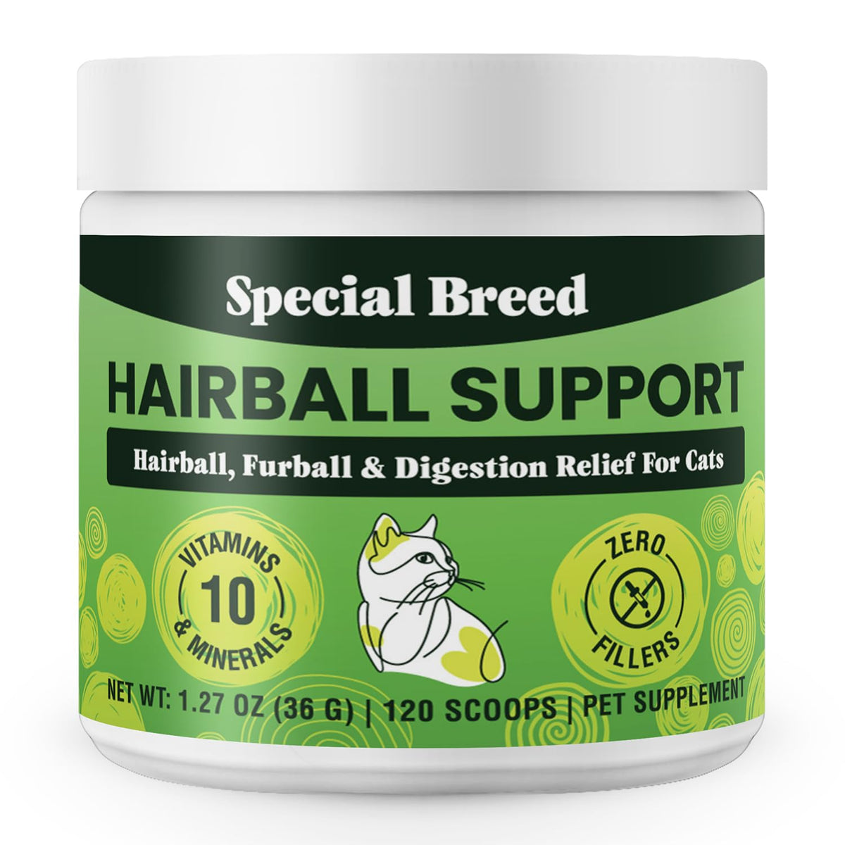 Special Breed Hairball Support, bocal, utilisé quotidiennement pour le soutien digestif.