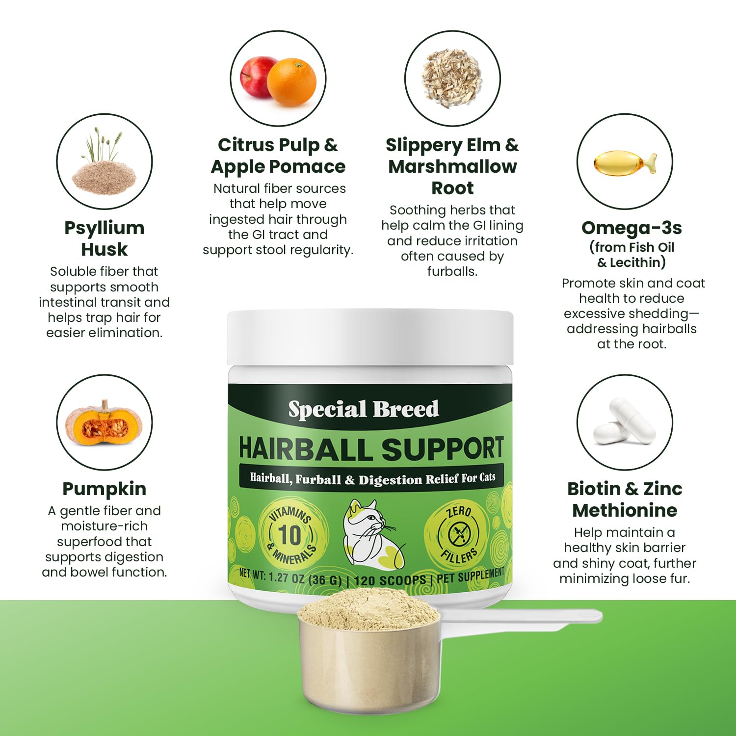 Special Breed Hairball Support, doseur inclus facilitant la portionnement dans les repas.