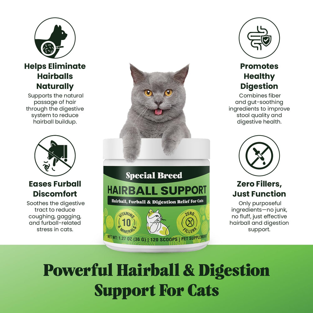 Special Breed Hairball Support, poudre non aromatisée prête à mélanger dans l'alimentation.