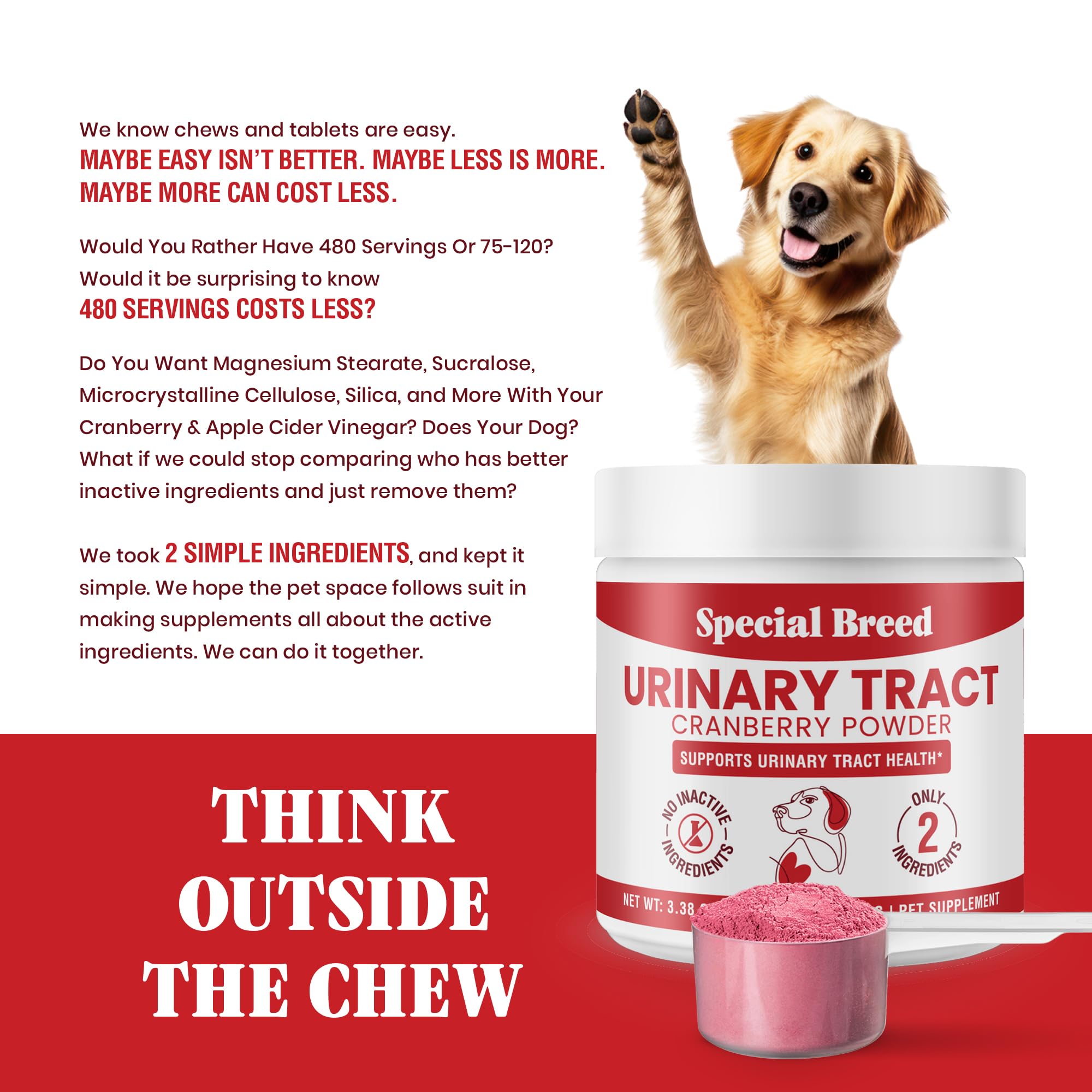 Poudre neutre prête à être mélangée à l’alimentation du chien.