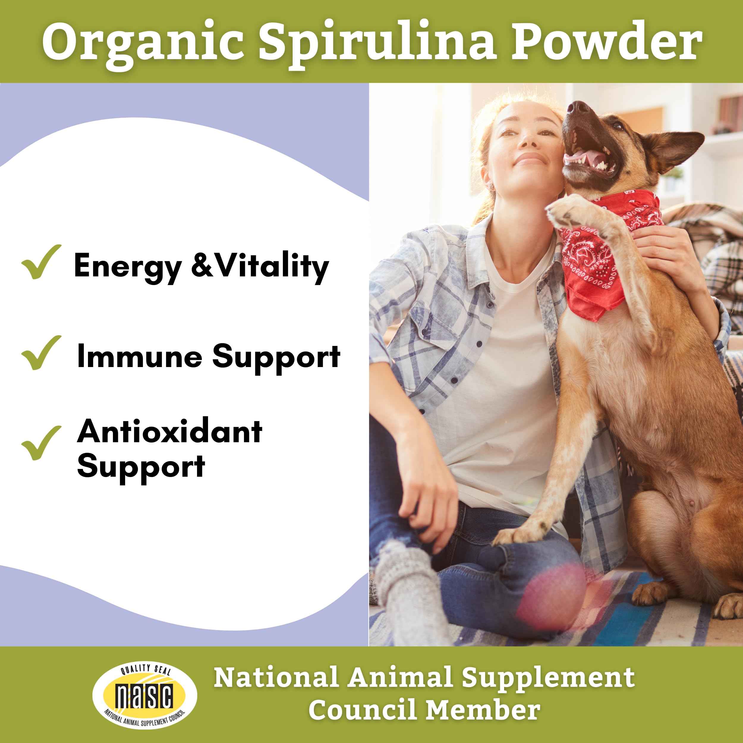 Spiruline poudre Wholistic Pet Organics: soutien quotidien pour énergie naturelle.