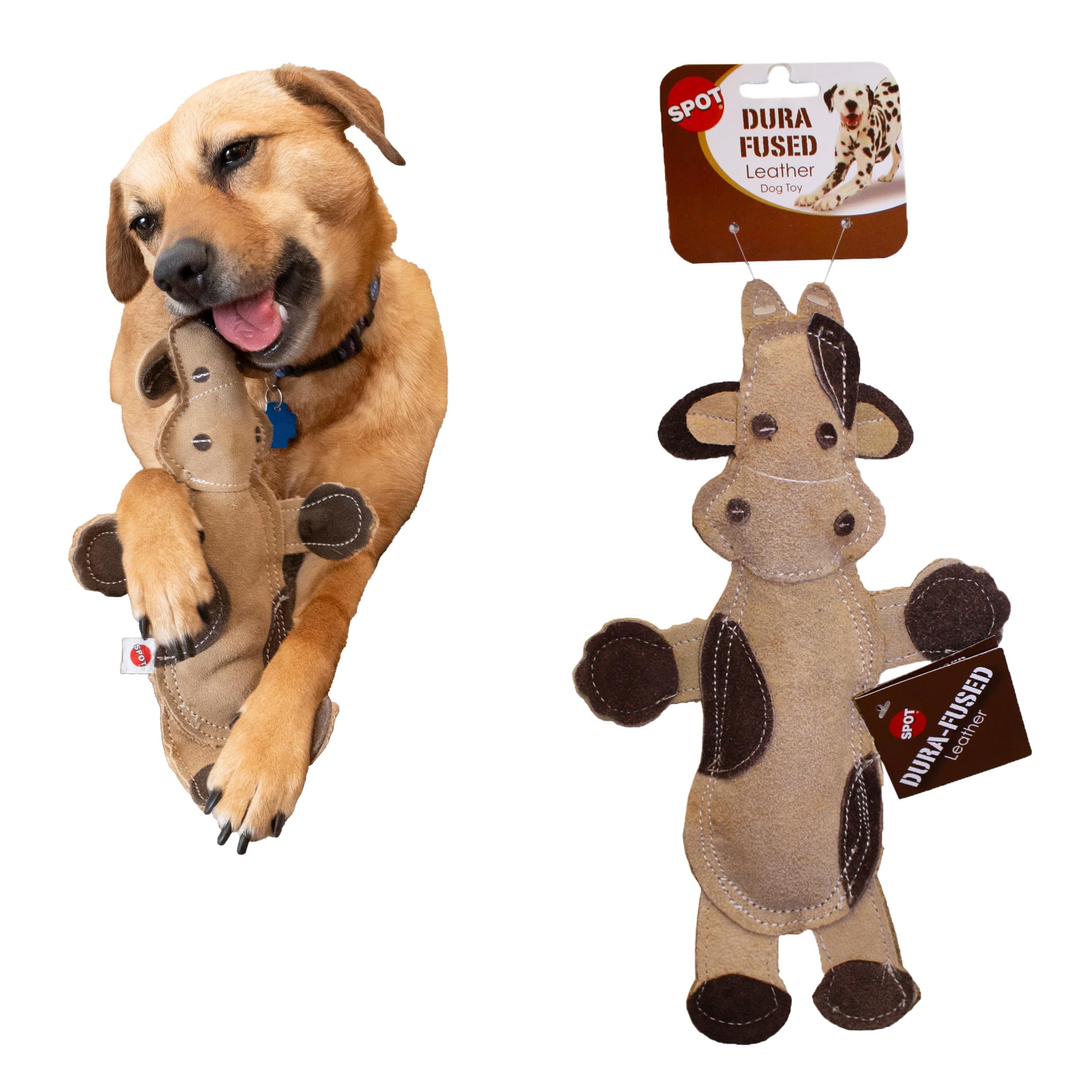 SPOT Dura-Fused Leather Barnyard Animal Cow—jouet durable pour mastiquer léger et jeu interactif