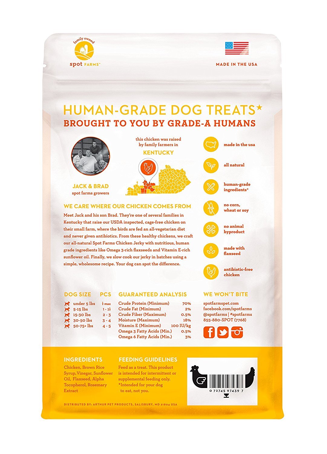 Spot Farms jerky poulet lin, tranches visibles, texture agréable pour chiens actifs.