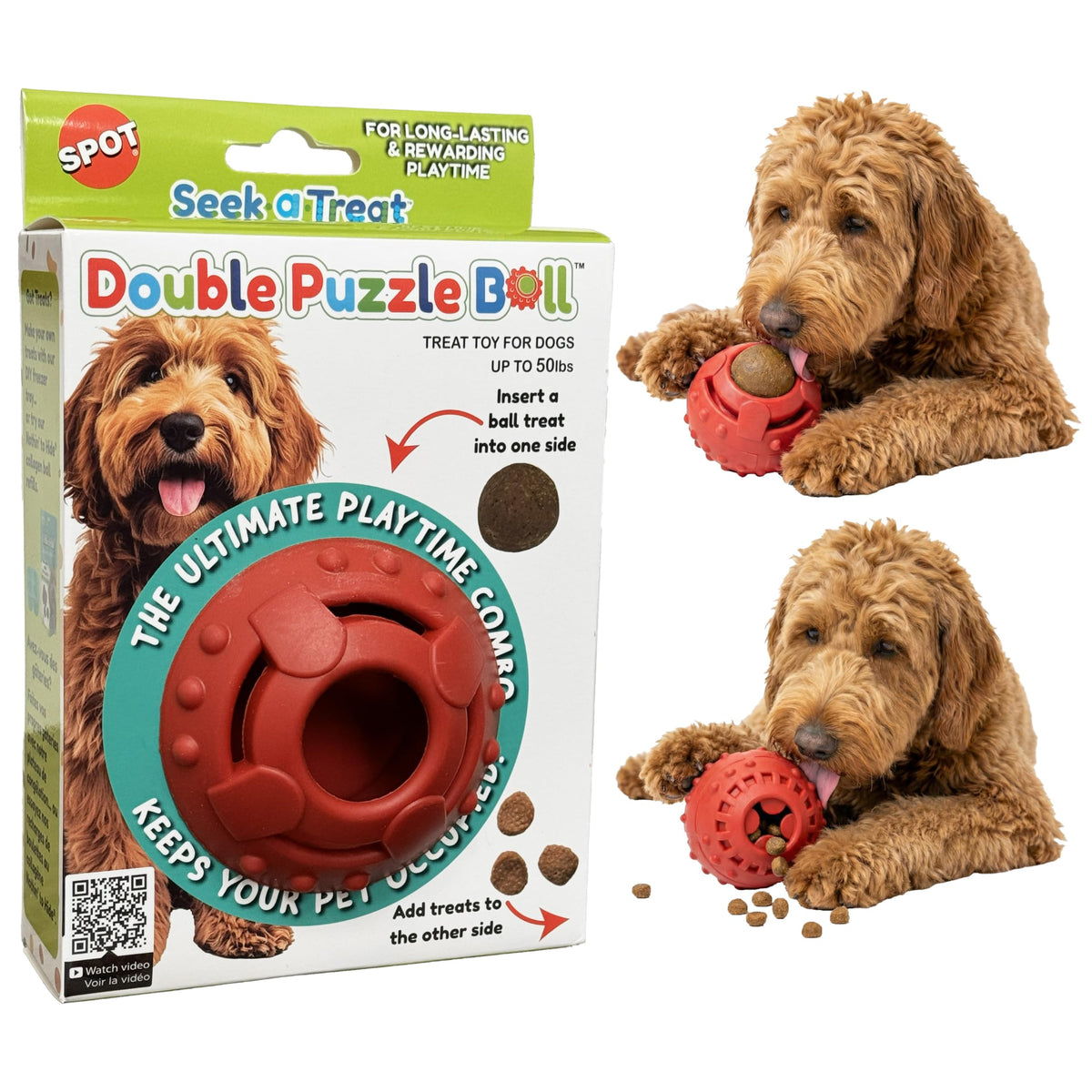 SPOT Seek-A-Treat Balle-Puzzle Double montrant les deux ouvertures pour friandises.