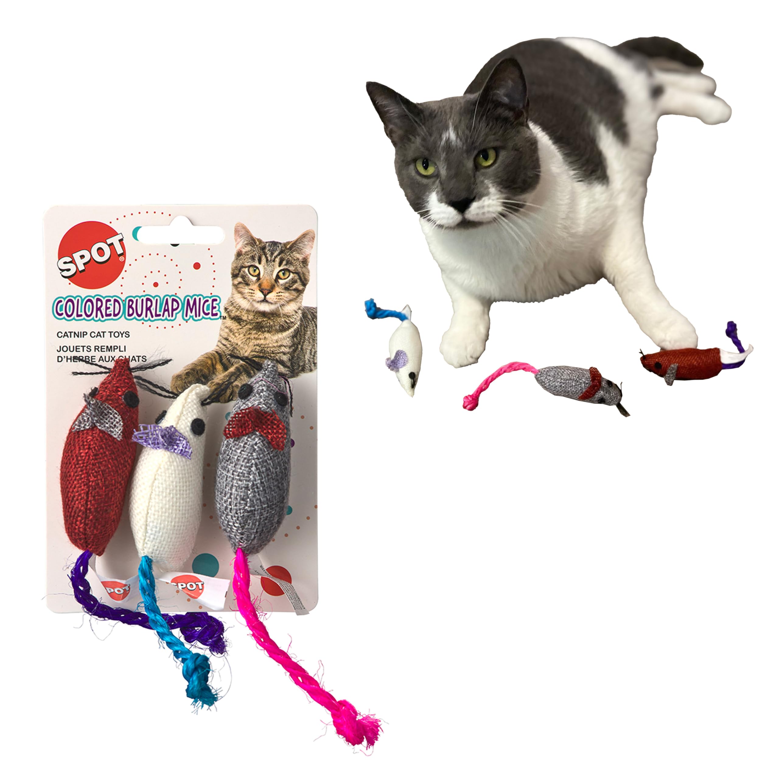 SPOT Souris en jute interactives rouge stimulant la chasse en intérieur.
