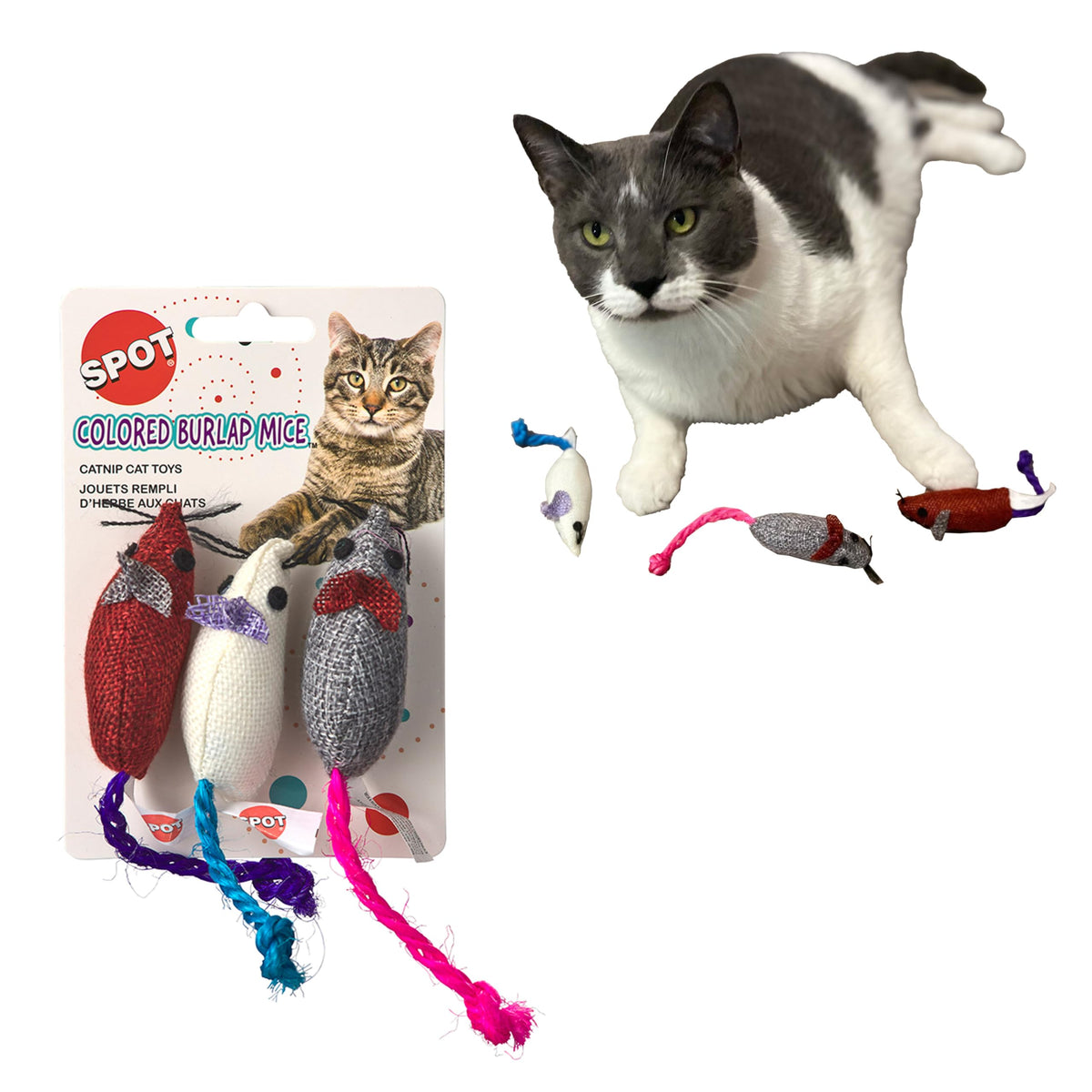SPOT Souris en jute interactives rouge stimulant la chasse en intérieur.