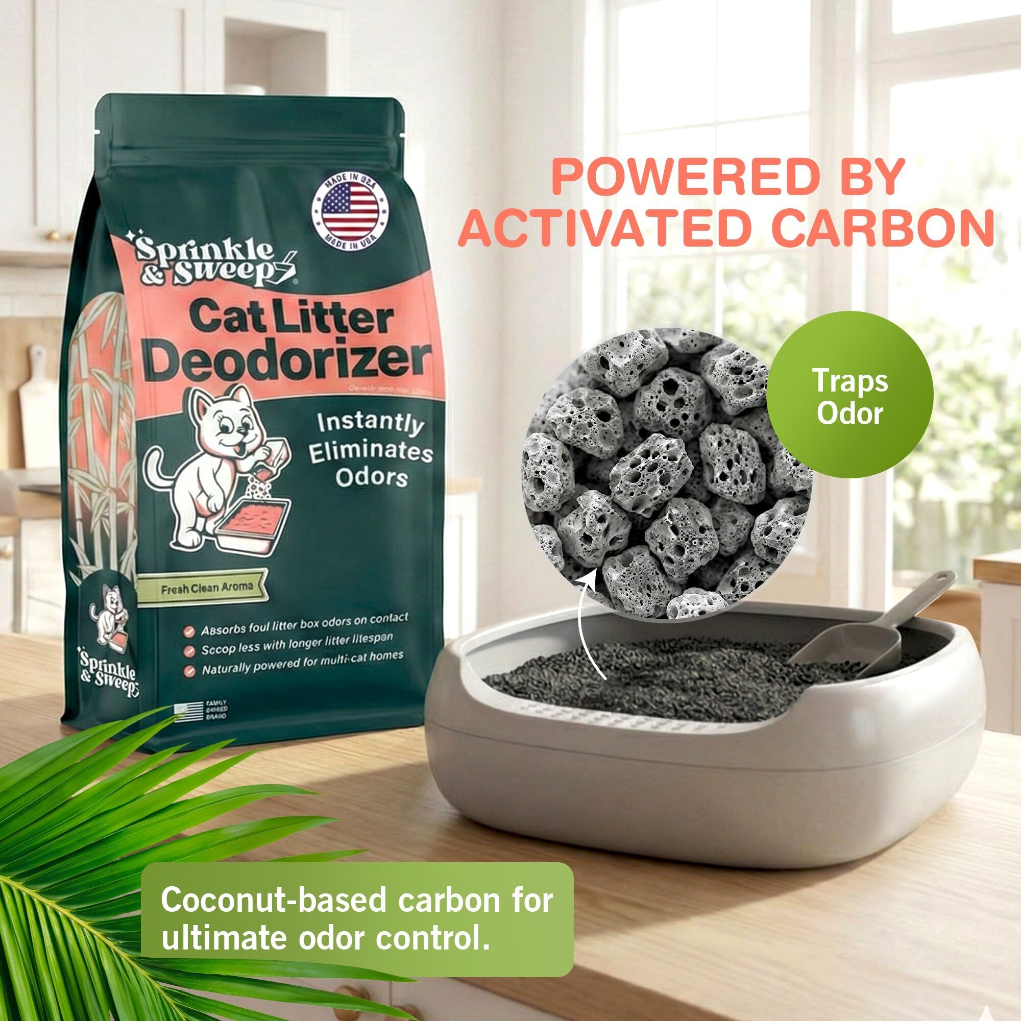 Sprinkle & Sweep charbon activ coco absorbe l’humidité et les odeurs.