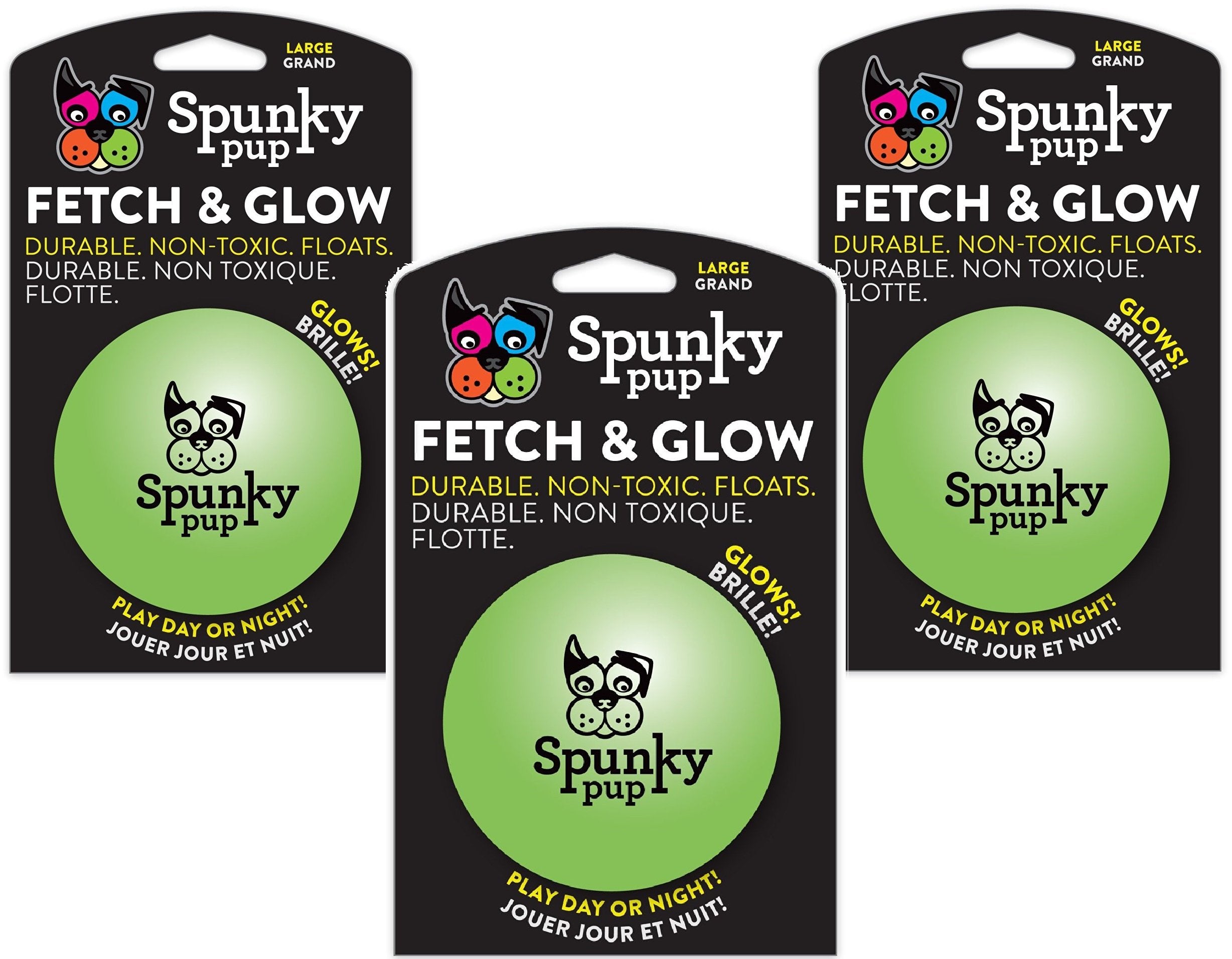 Balle lumineuse Spunky Pup Fetch et Glow Ball grande, couleurs variées, parfaite pour jeux nocturnes sûrs et amusants