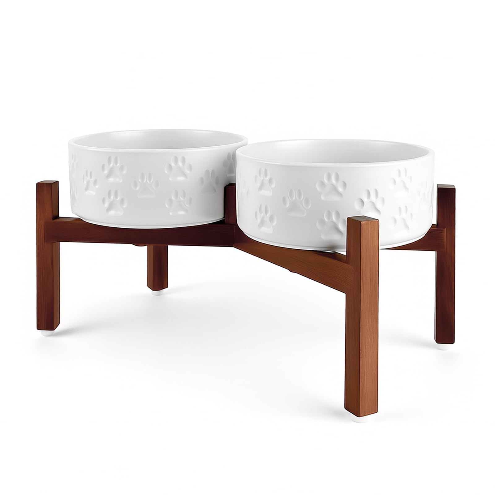 SPUNKYJUNKY bol céramique élevé sur socle acacia, aspect hygiénique et confortable.