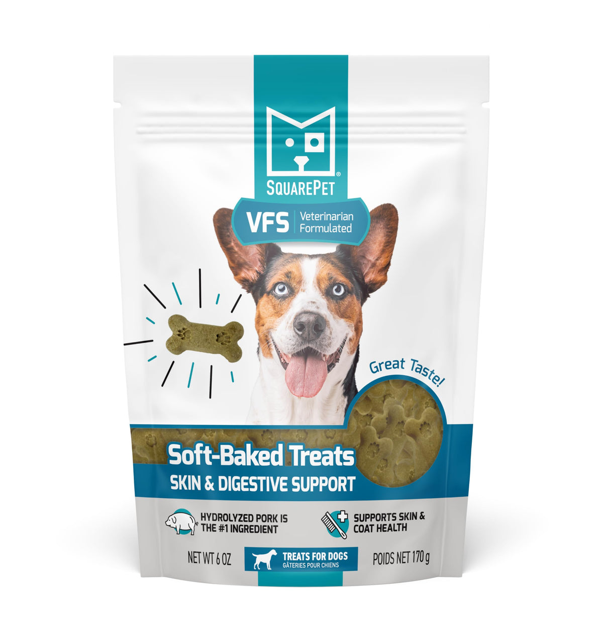 SquarePet VFS: bouchée douce pour chien, soin peau et digestion, pelage éclatant et confort digestif.