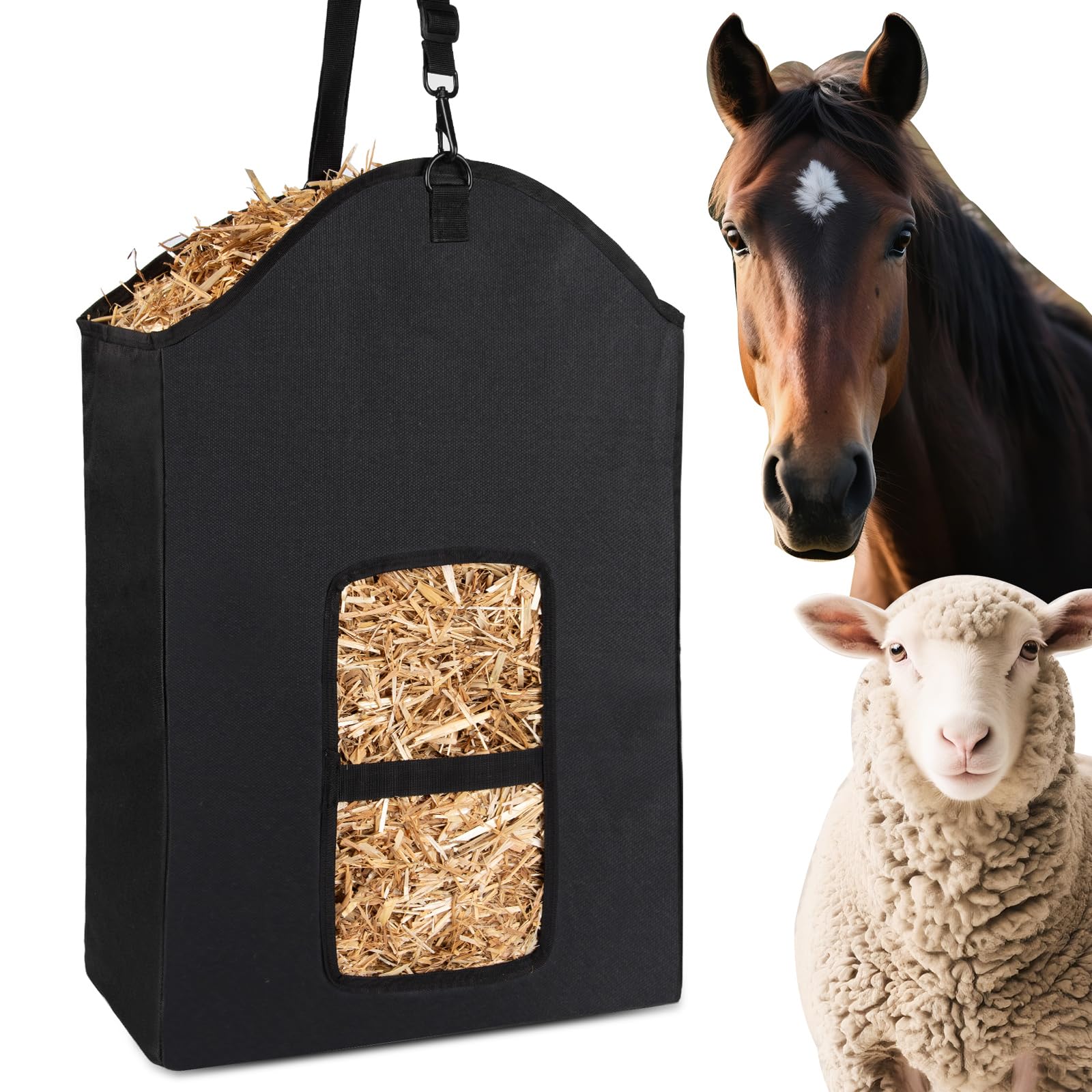 Srefaka sac à foin avec ouverture, distribution mesurée pour un repas plus calme.