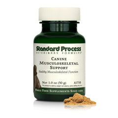 Standard Process Canine Musculoskeletal Support — emballage montrant la poudre, soutien potentiel des articulations et muscles.