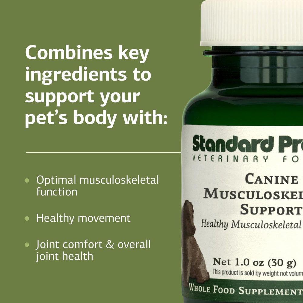 Standard Process Canine Musculoskeletal Support — texture en poudre, richesse nutritionnelle pour les muscles.