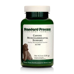 Bouteille Standard Process Canine Musculoskeletal Support pour soutien des articulations et des muscles.