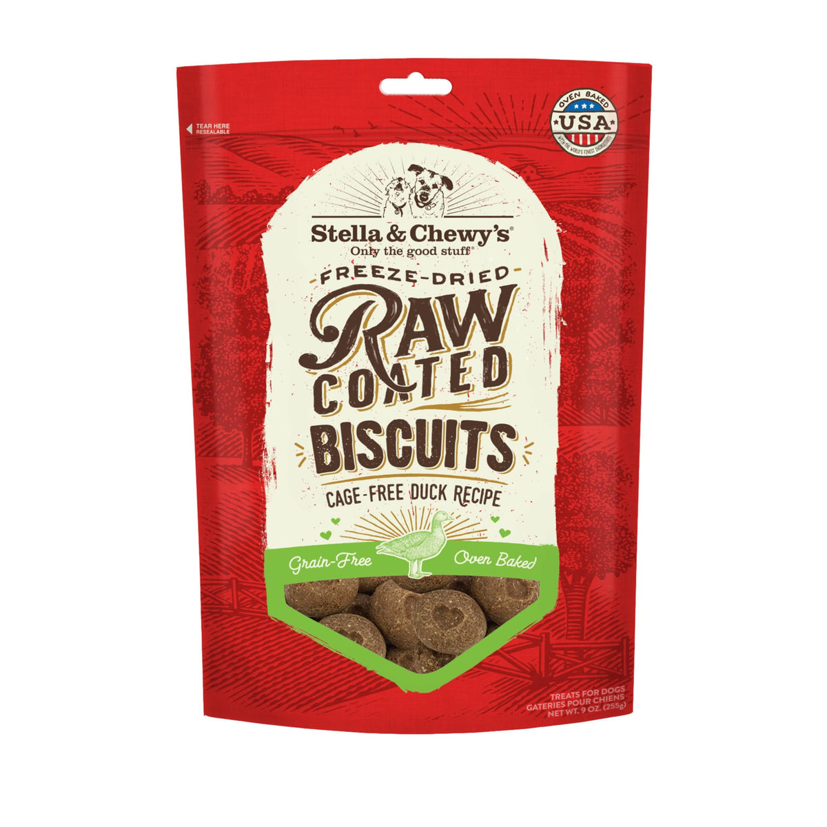 Biscuits crus enrobés au canard par Stella & Chewy's, goût appétissant et digestion facile.