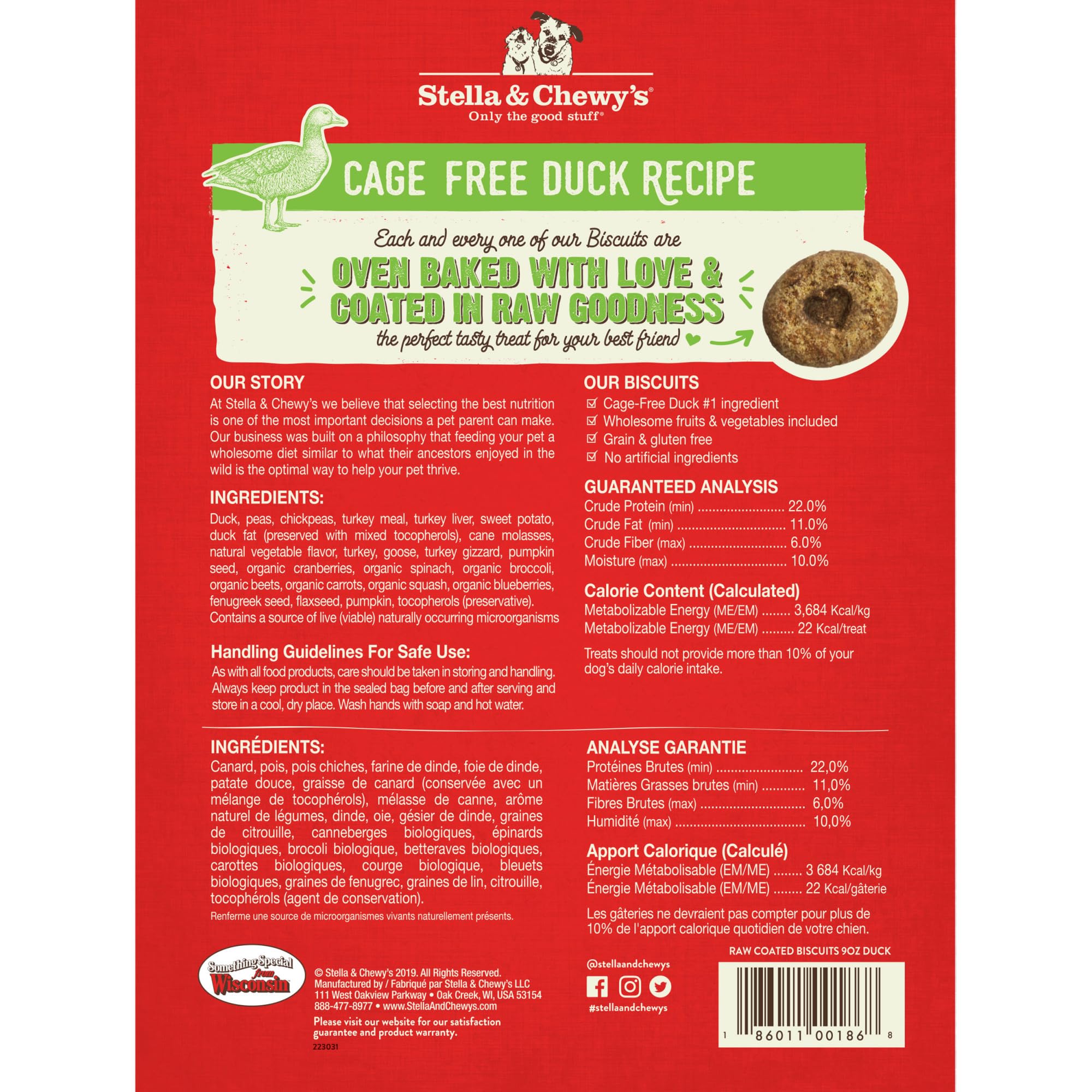 Stella & Chewy's canards sans cage, biscuits sans céréales favorisant une digestion douce.
