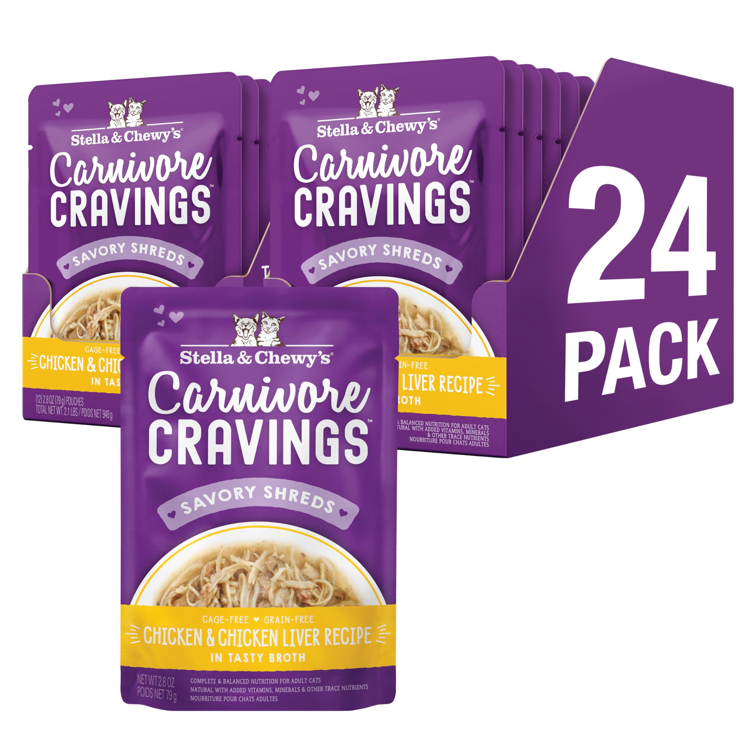 Stella & Chewy's Carnivore Cravings, sachet poulet foie, texture appétente pour chat difficile.