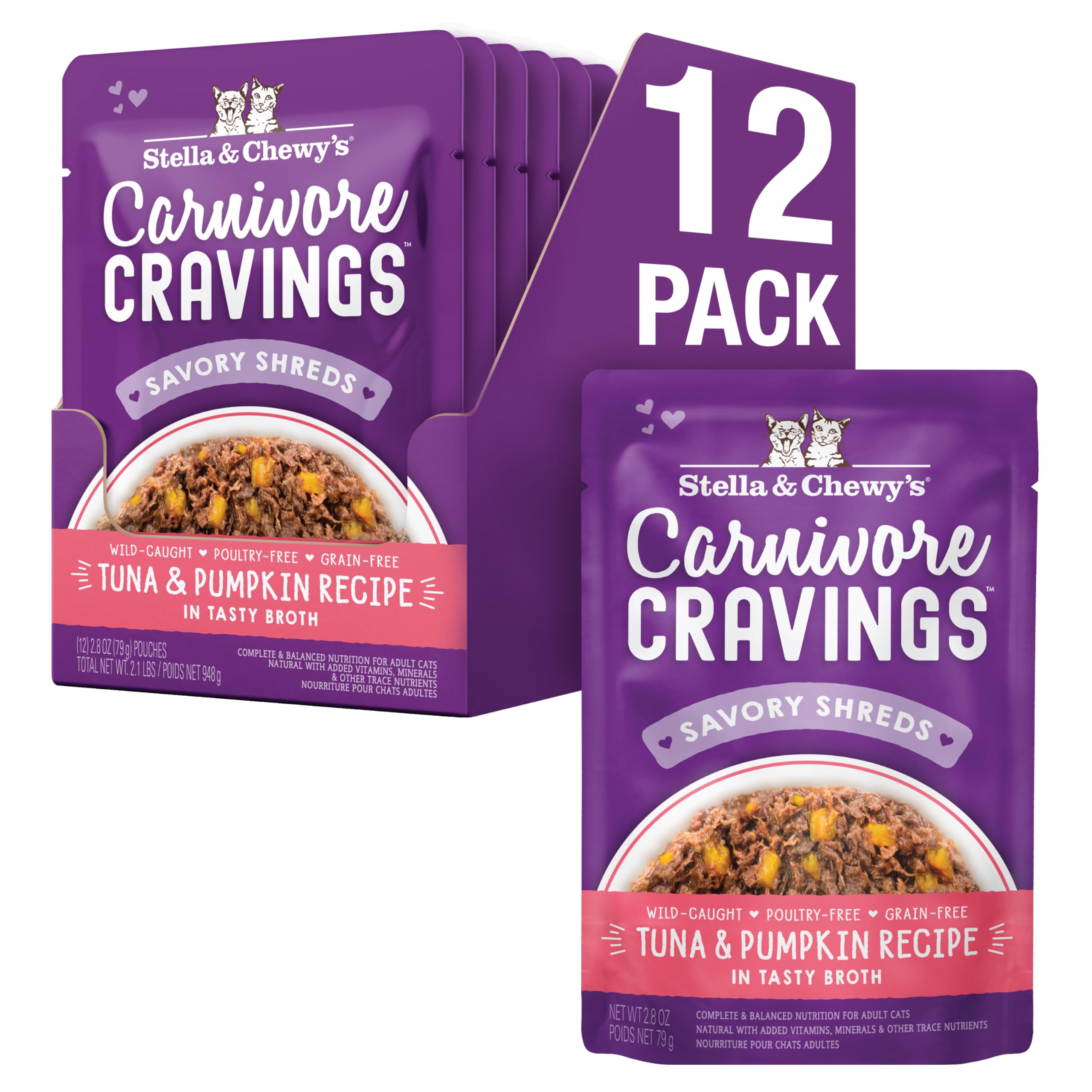 Sachet thon-potiron Stella & Chewy's Carnivore Cravings, repas savoureux pour chats exigeants.