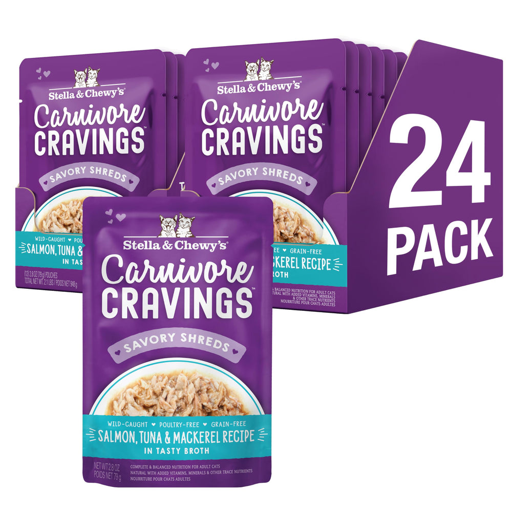 Stella & Chewy's Carnivore Cravings : morceaux de saumon et thon dans un bouillon savoureux.