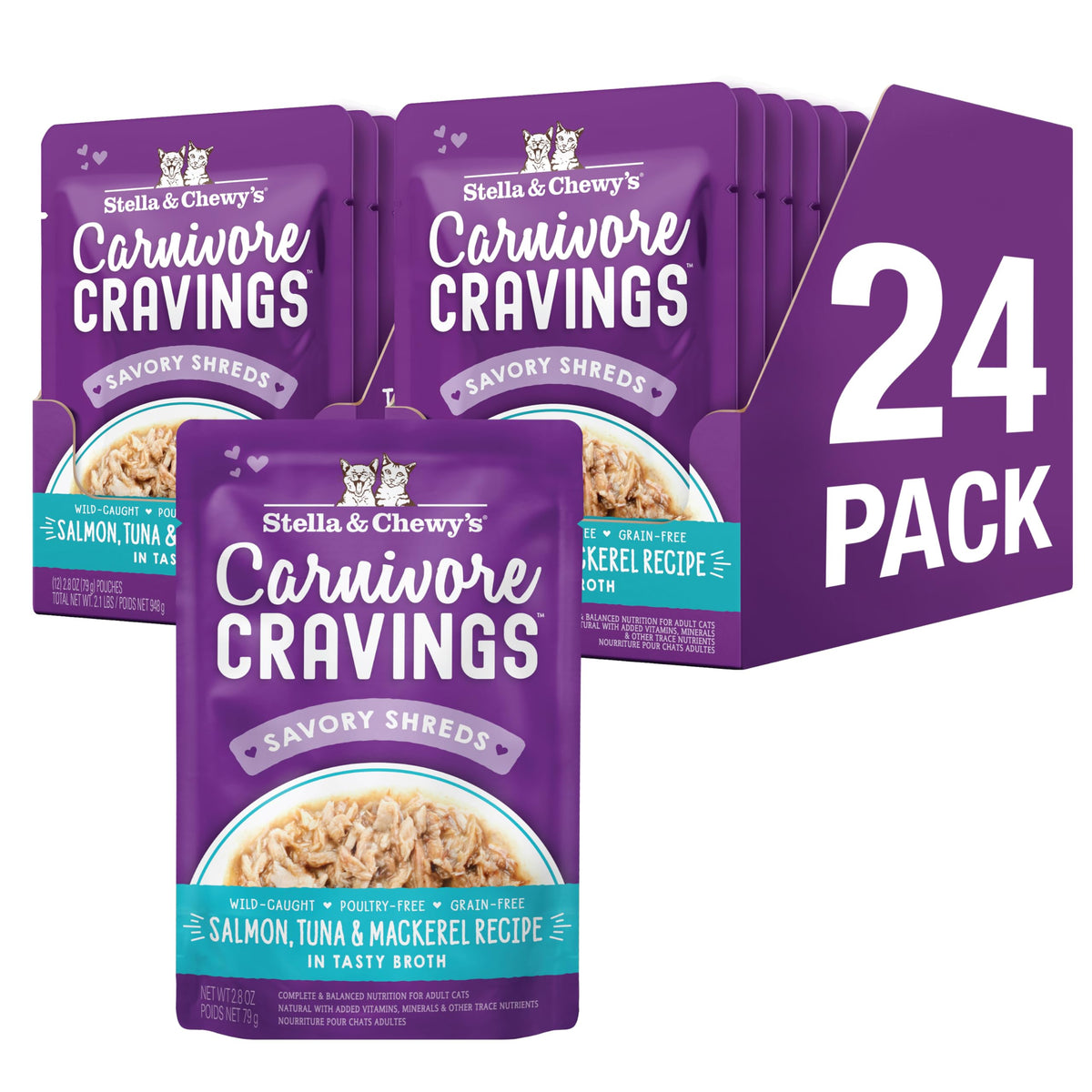 Stella & Chewy's Carnivore Cravings : morceaux de saumon et thon dans un bouillon savoureux.