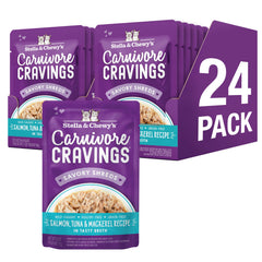 Stella & Chewy's Carnivore Cravings : morceaux de saumon et thon dans un bouillon savoureux.
