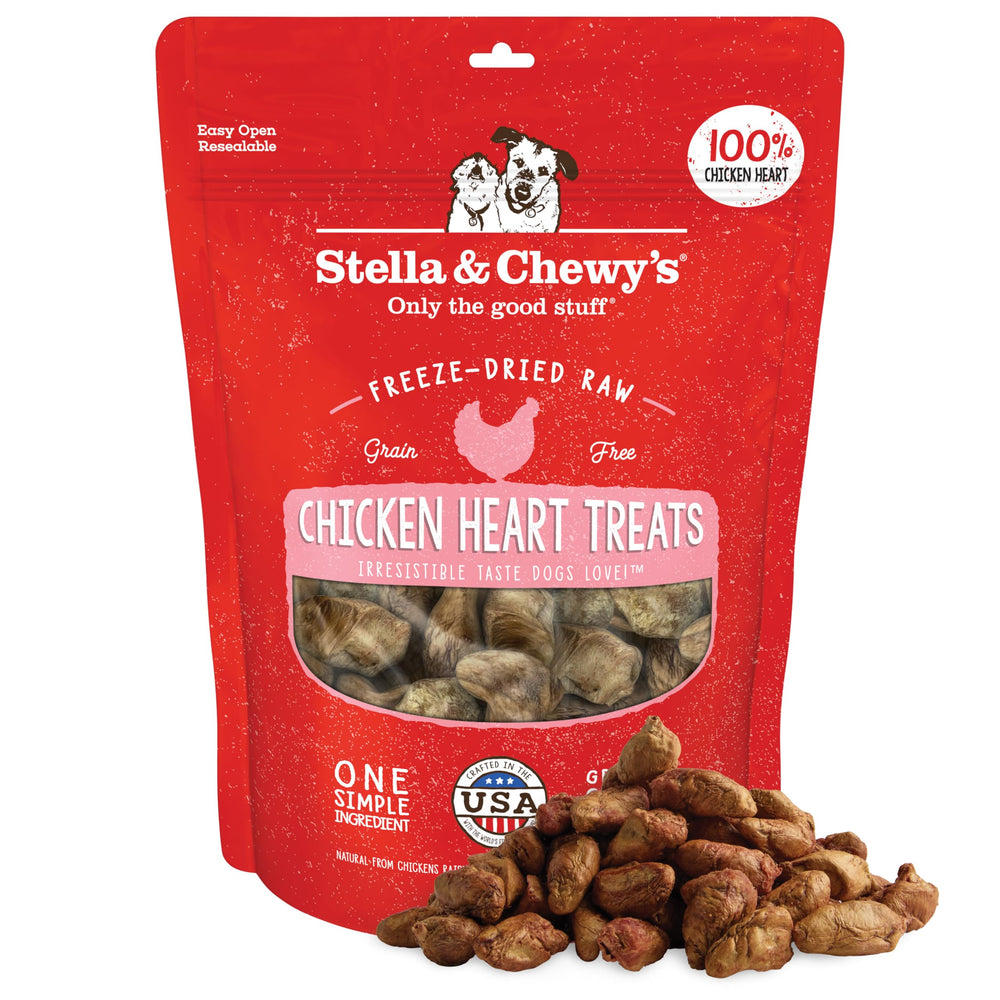 Stella & Chewy's: cœur de poulet lyophilisé, emballage pratique et prêt à offrir.