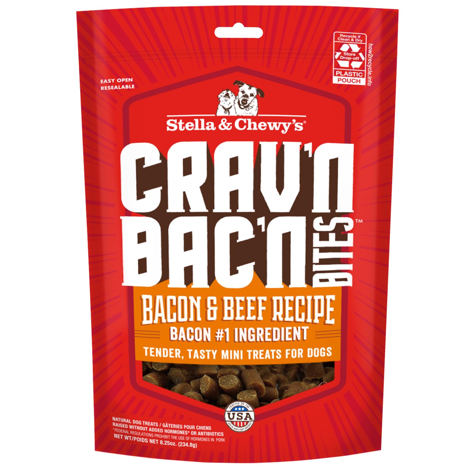Stella & Chewy's Crav'n Bac'n: bouchées moelleuses bacon-boeuf, récompense idéale pour l'entraînement.