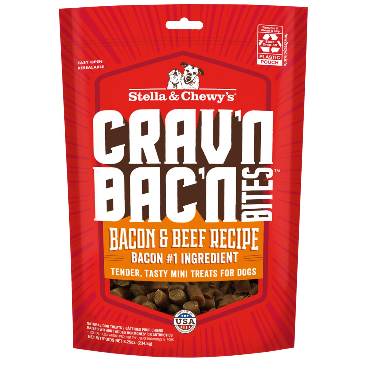 Stella & Chewy's Crav'n Bac'n: bouchées moelleuses bacon-boeuf, récompense idéale pour l'entraînement.