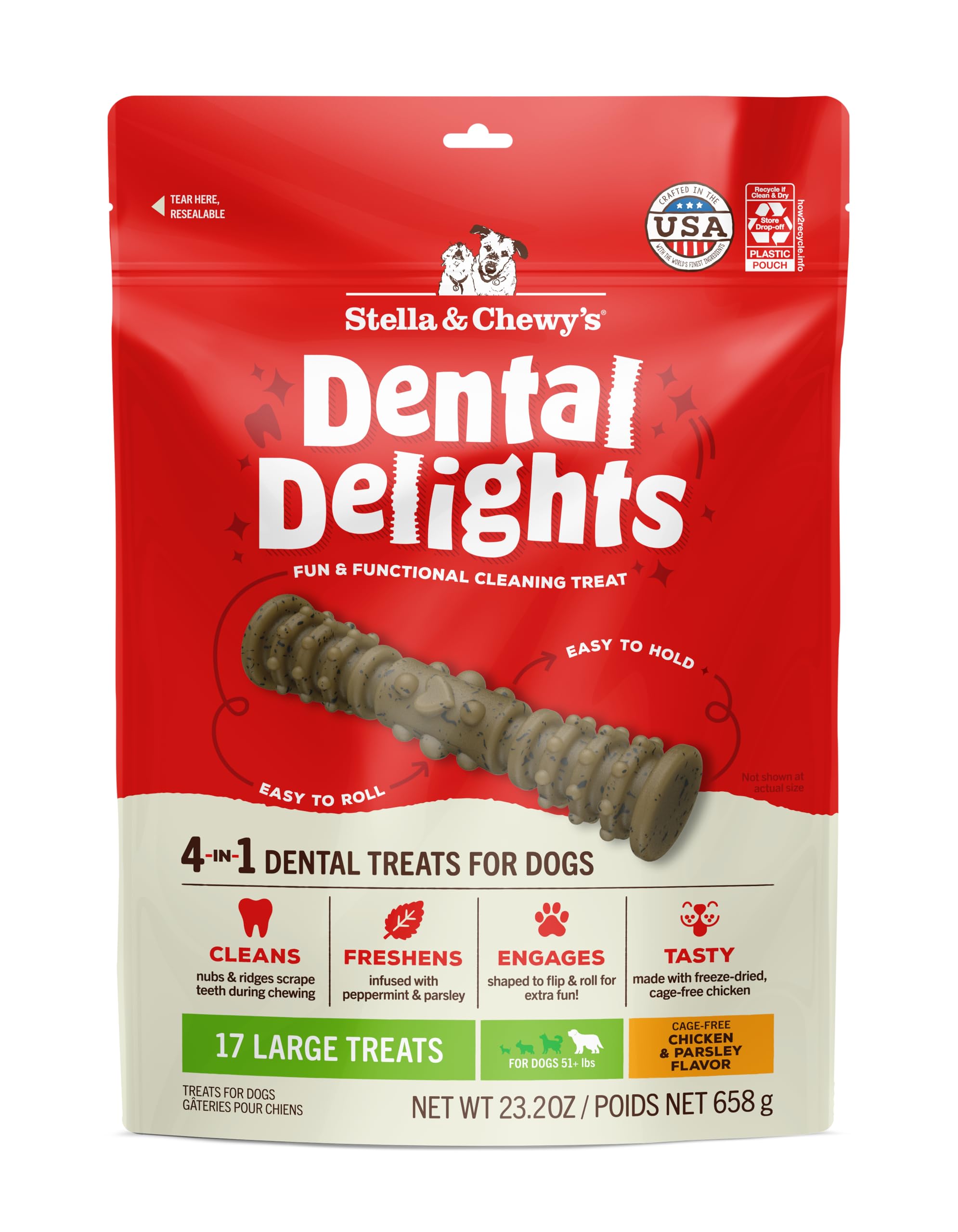 Emballage Stella & Chewy's Dental Delights, friandises dentaires attractives pour chiens.