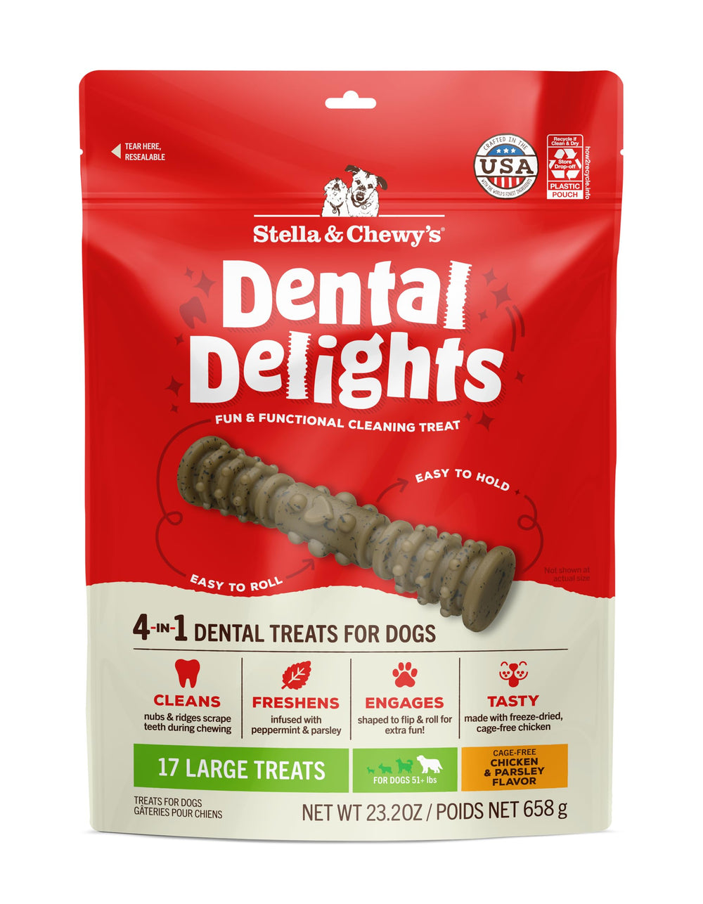 Emballage Stella & Chewy's Dental Delights, friandises dentaires attractives pour chiens.