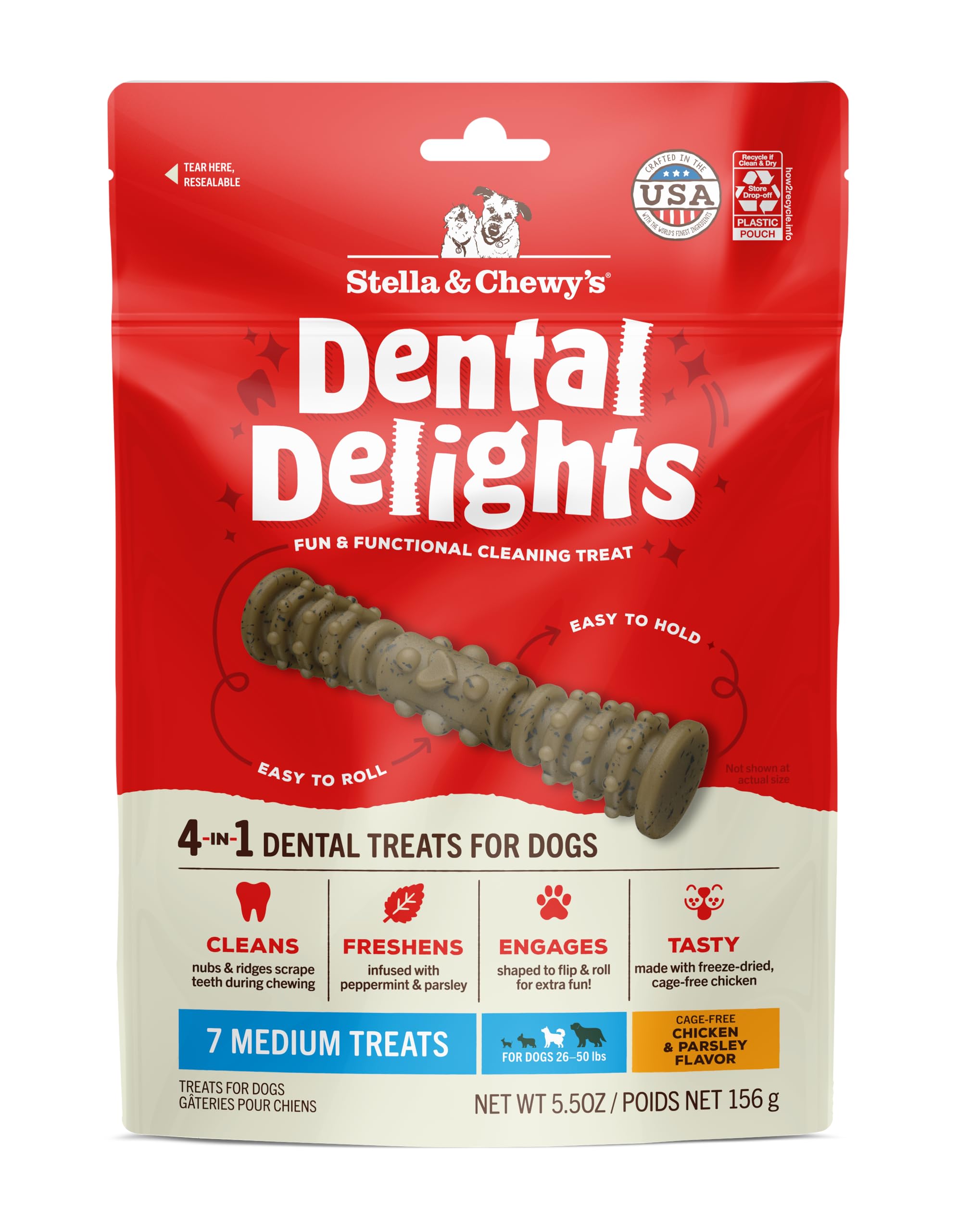 Stella & Chewy's Dental Delights – paquet poulet lyophilisé, friandise dentaire pratique pour chien.