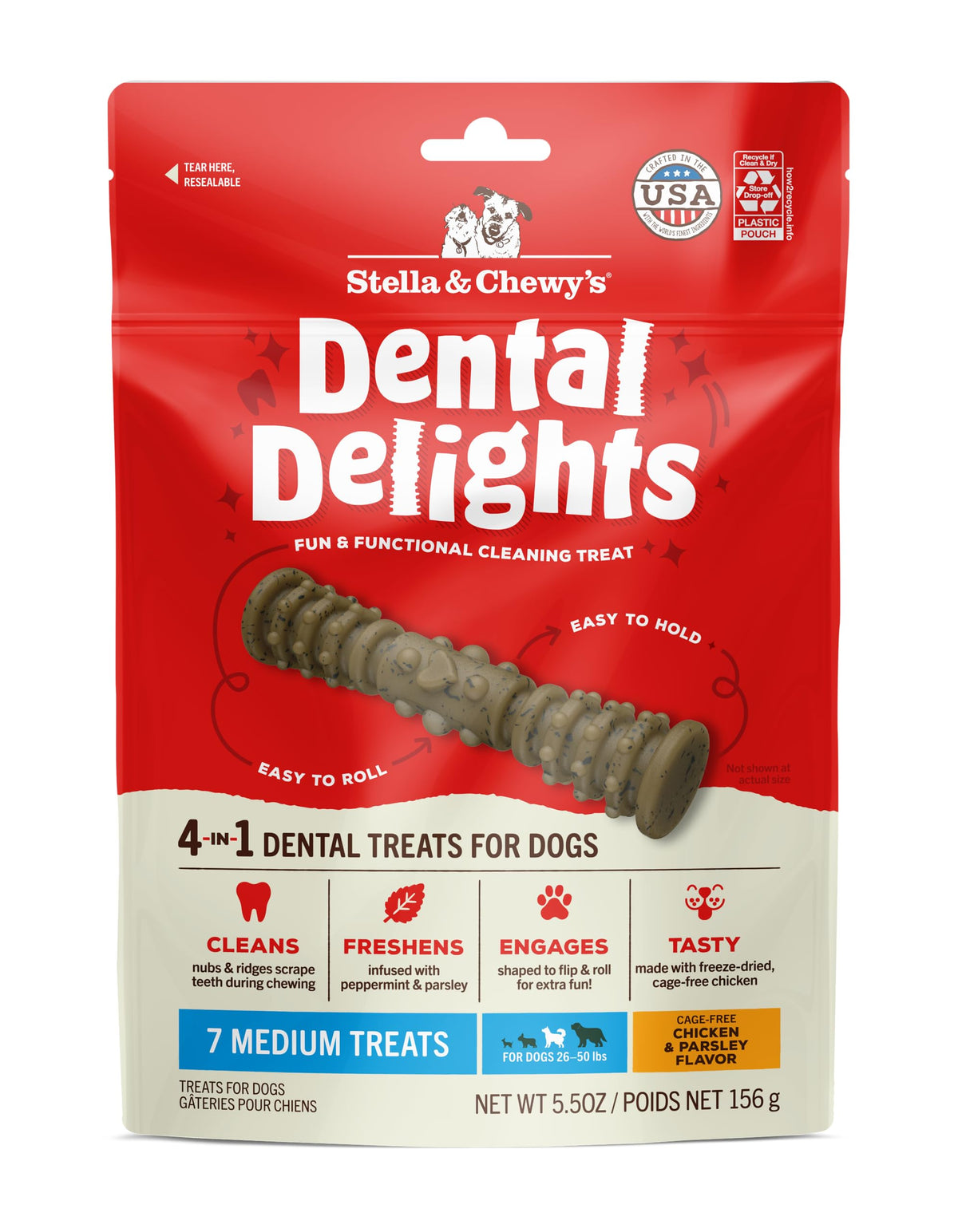 Stella & Chewy's Dental Delights – paquet poulet lyophilisé, friandise dentaire pratique pour chien.