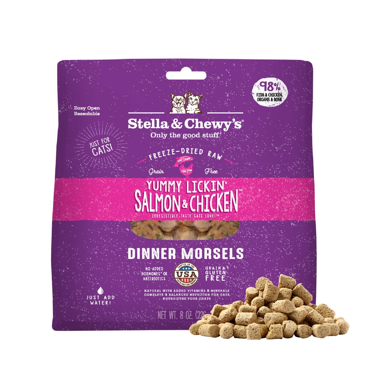 Stella & Chewy's morsels freeze-dried chat saumon-poulet, friandise protéinée pour chats actifs.