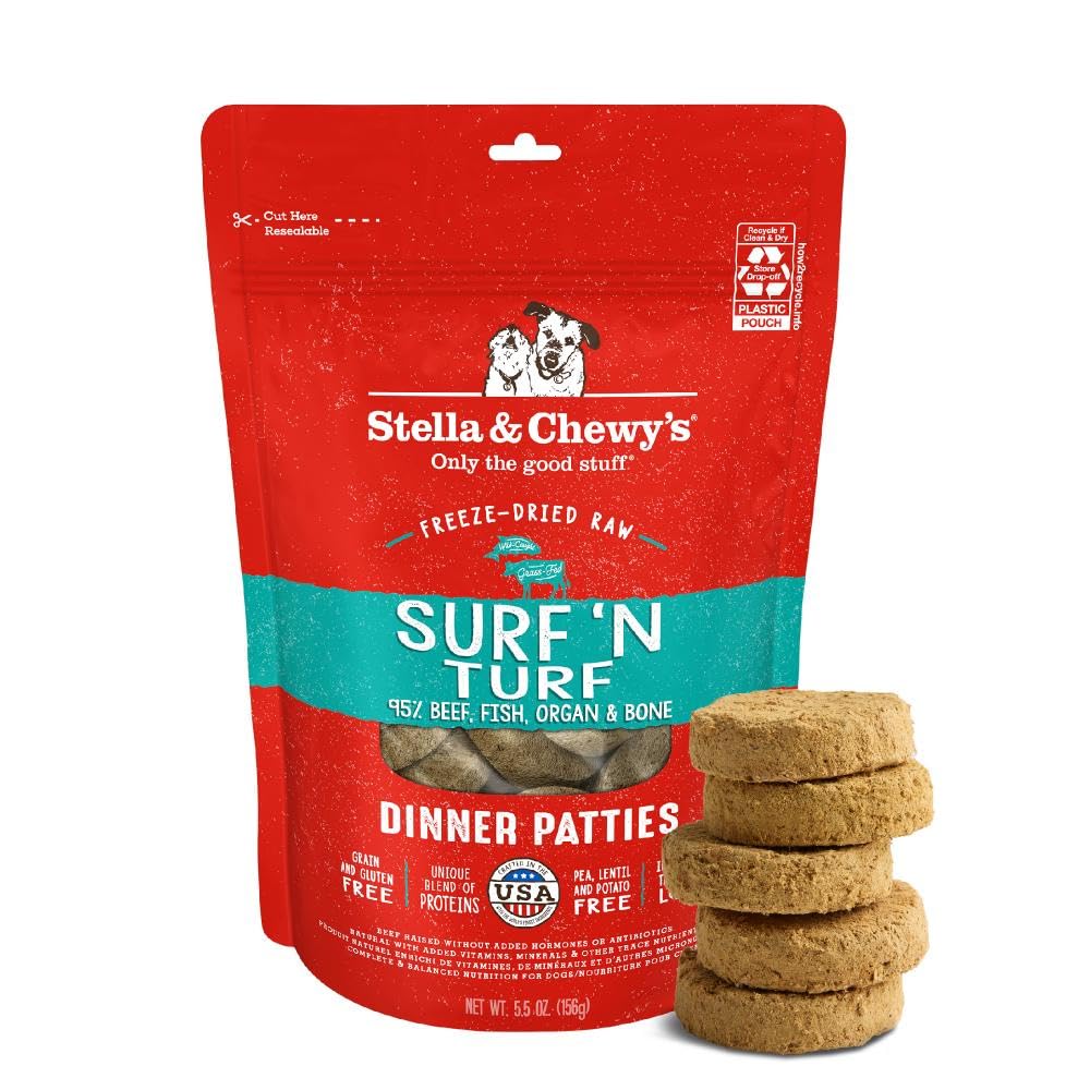 Stella & Chewy's galettes lyophilisées saumon-boeuf, protéines élevées pour chiens.