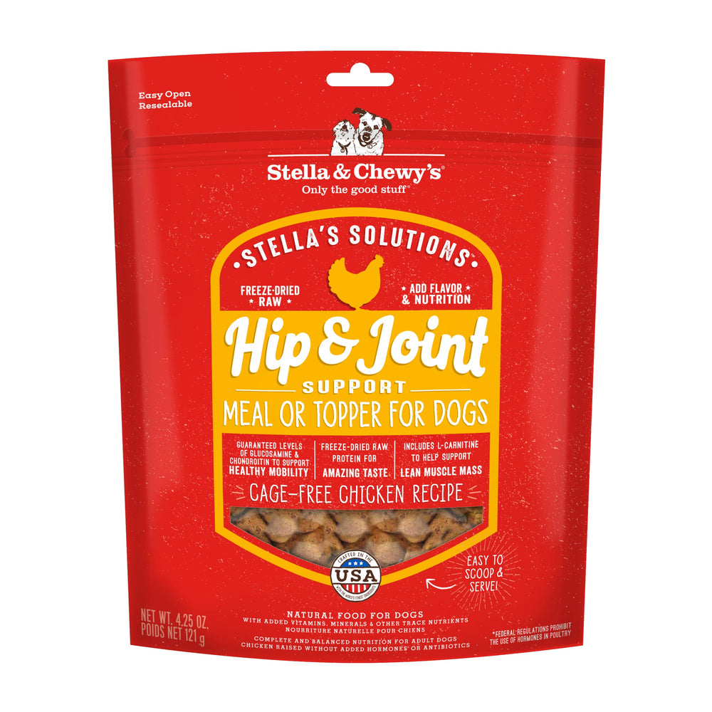 Stella & Chewy's Hip & Joint Solution en bouteille pour faciliter l'alimentation et la mobilité.