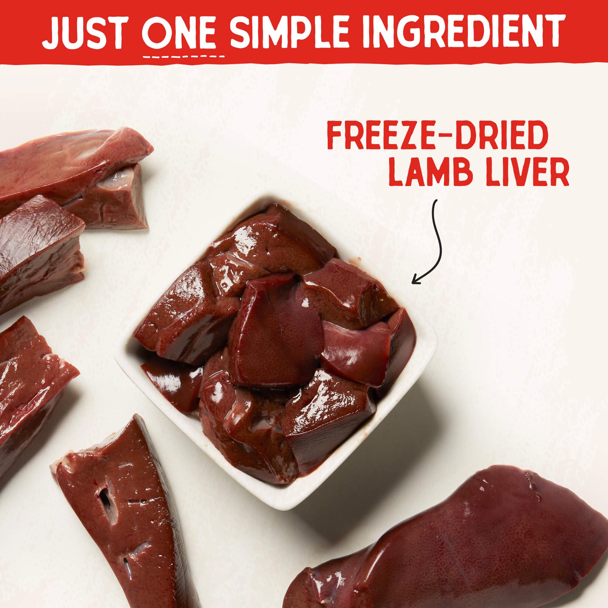 Ingrédients naturels et nutriments clés dans le foie d'agneau lyophilisé Stella & Chewy's.