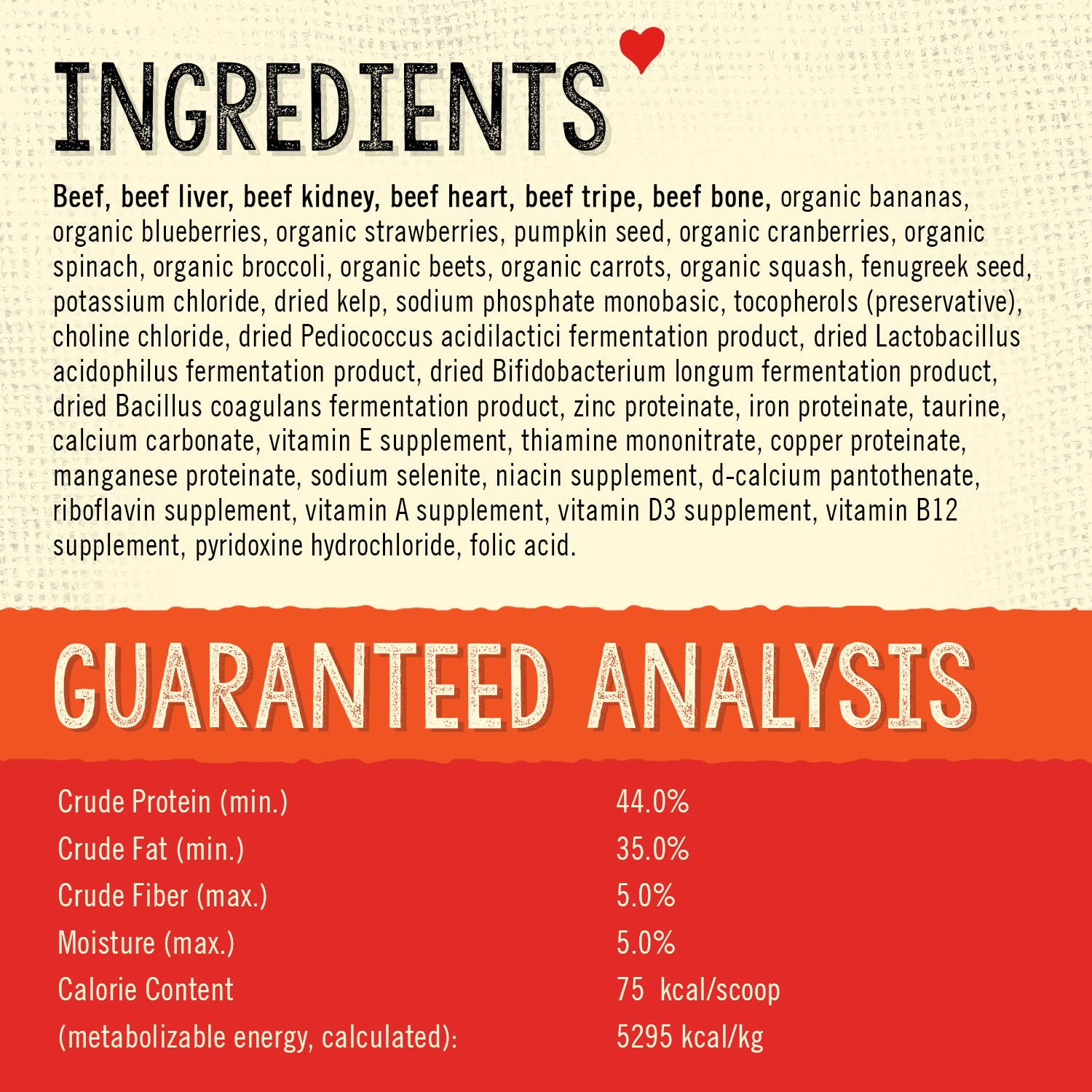 Ingrédients sans céréales avec fruits et légumes biologiques.