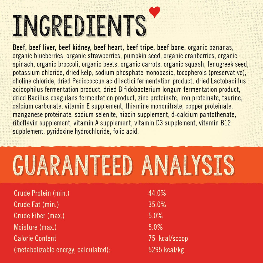 Ingrédients sans céréales avec fruits et légumes biologiques.