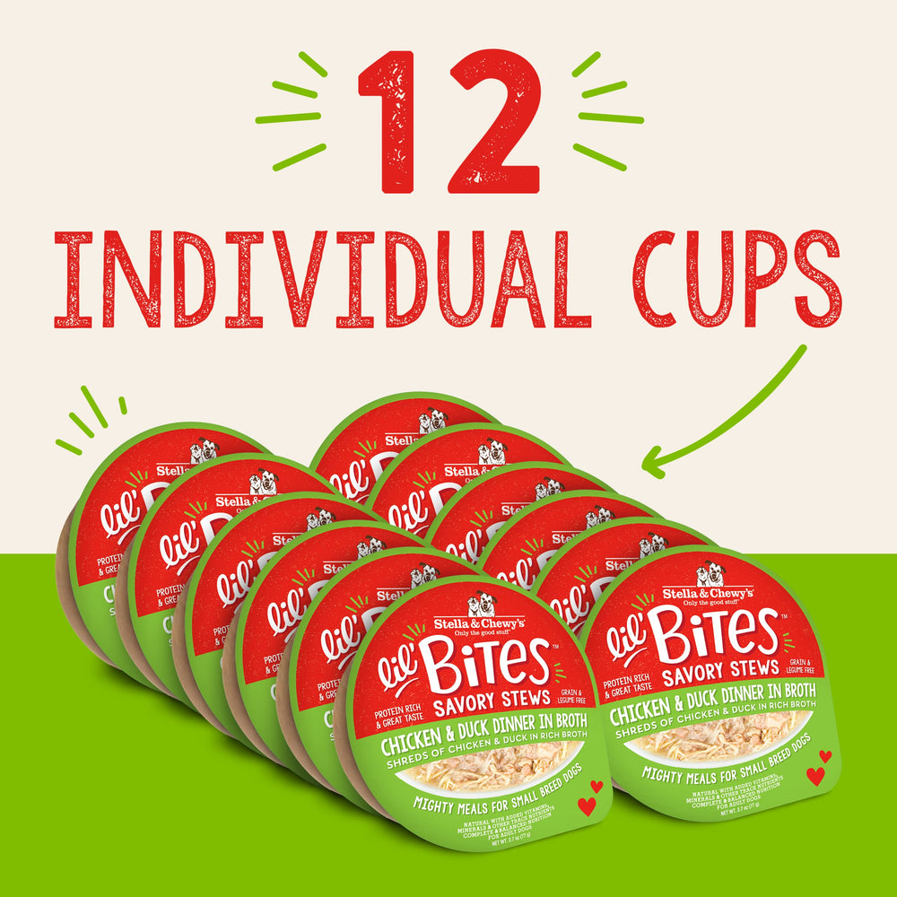 Lil Bites Savory Stews sans céréales: poulet et canard, parfait pour petits chiens.