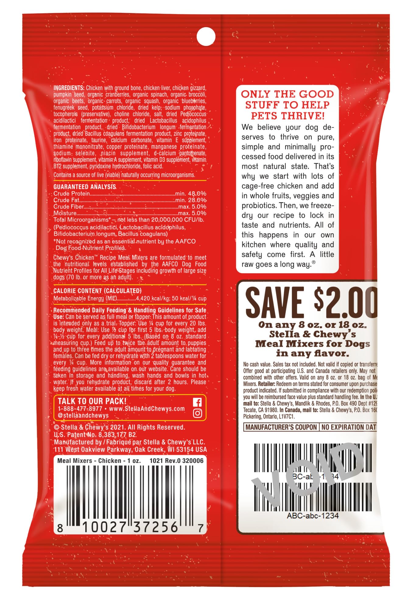 Stella & Chewy's Meal Mixers avec organes et os pour poulet, profil nutritionnel complet.
