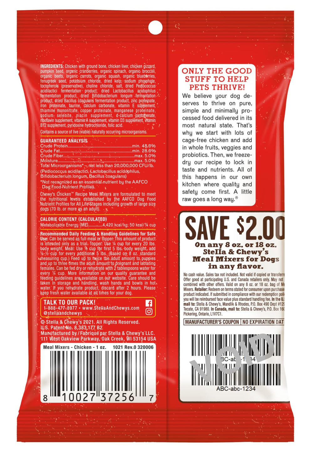 Stella & Chewy's Meal Mixers avec organes et os pour poulet, profil nutritionnel complet.
