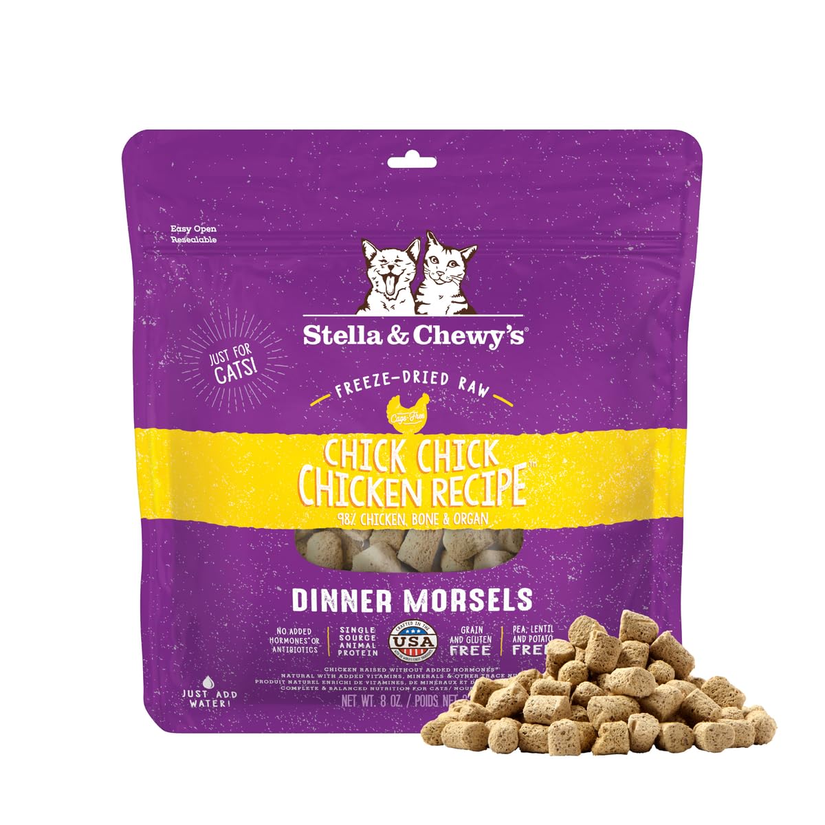 Stella & Chewy's morsures lyophilises au poulet pour chat, goût authentique et protéines.