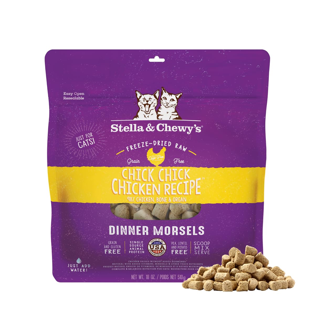 Morceaux poulet lyophilisés Stella & Chewy's pour chat, texture croustillante et goût naturel.