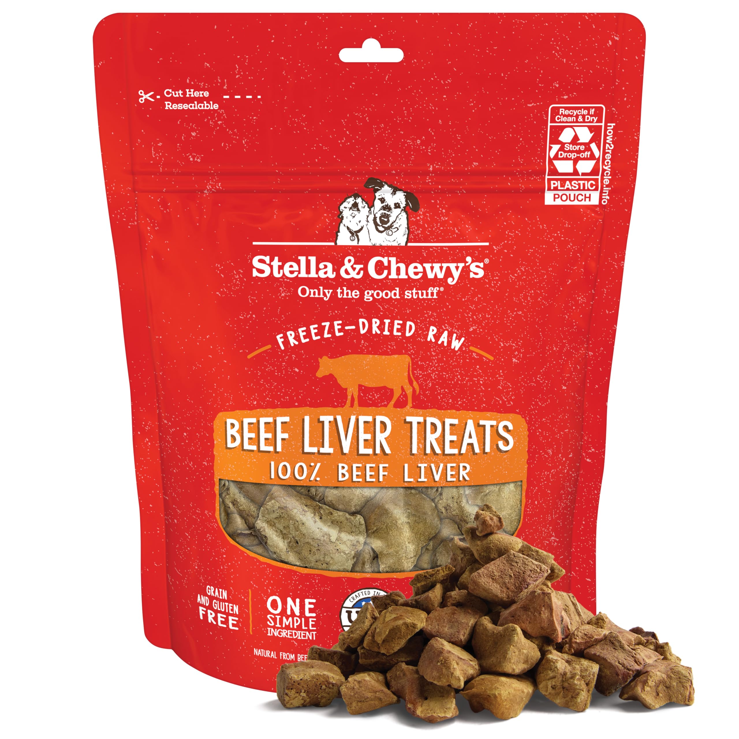 Sachet Stella & Chewy's foie de bœuf lyophilisé, récompense naturelle pour chiens.