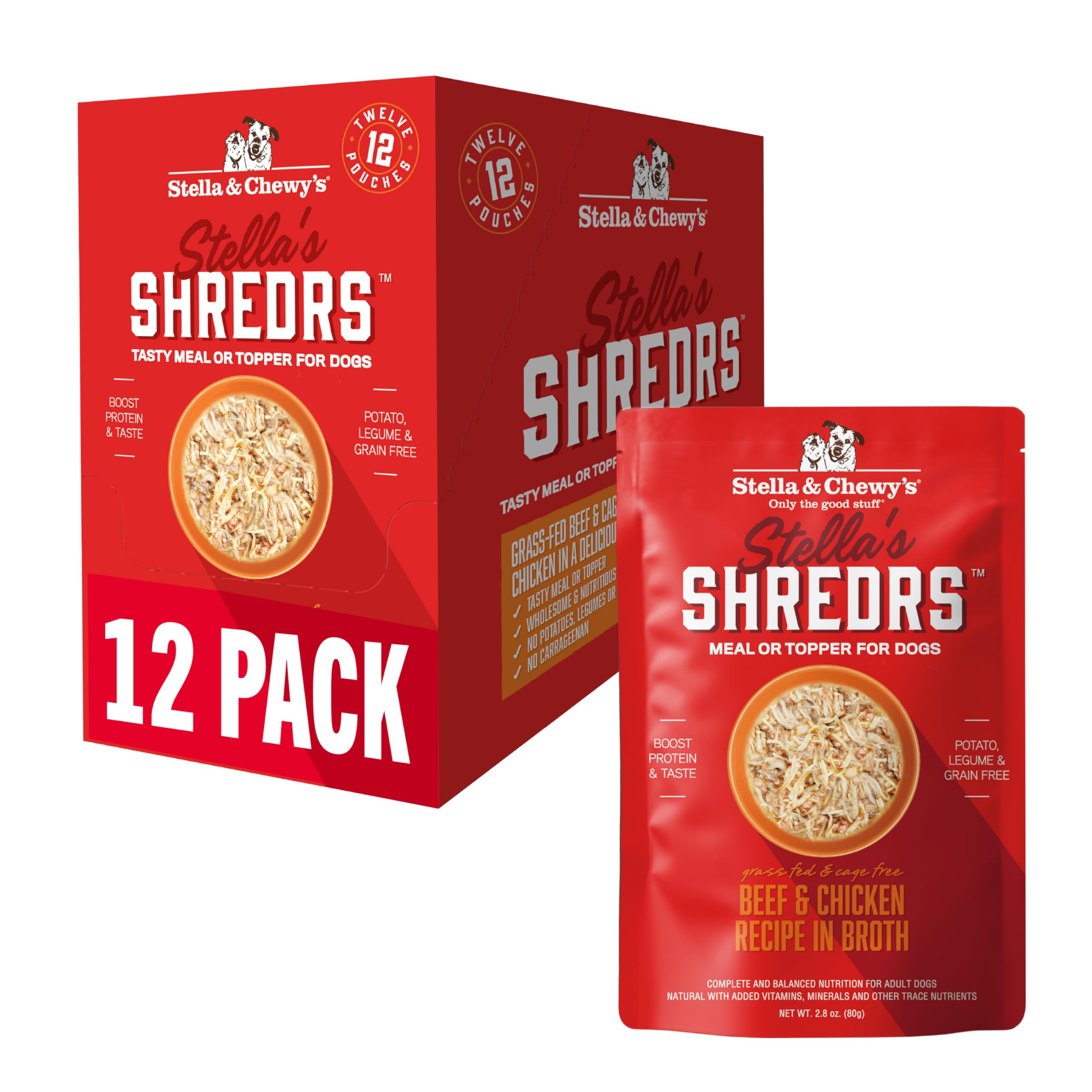 Stella & Chewy's Shredrs Boeuf et Poulet en poche, repas pratique pour le chien