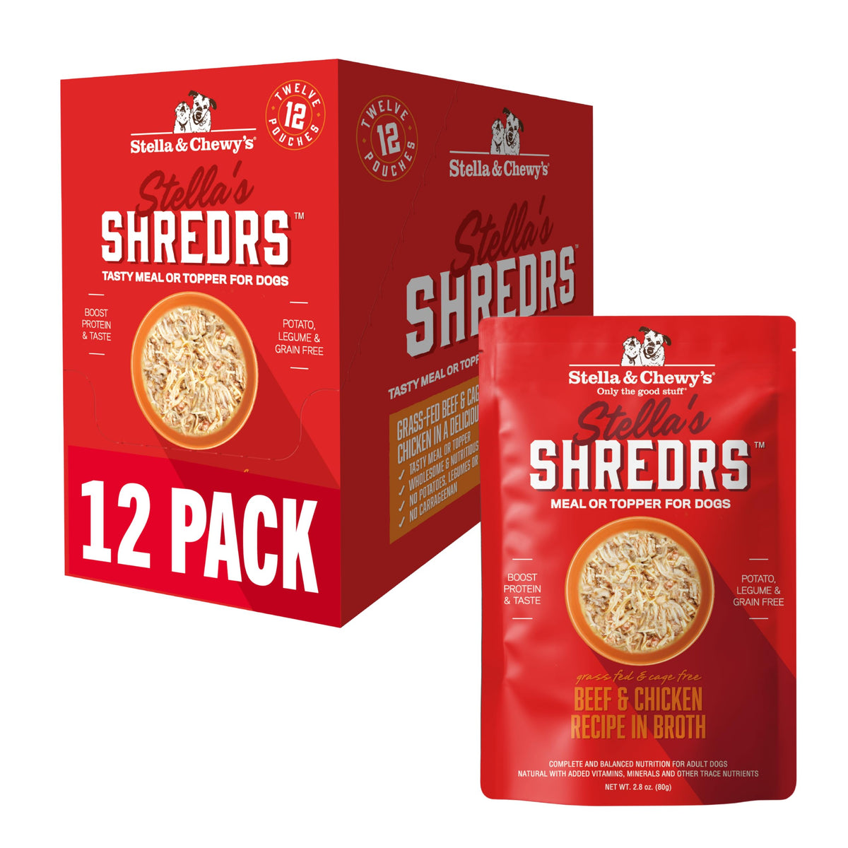 Stella & Chewy's Shredrs Boeuf et Poulet en poche, repas pratique pour le chien
